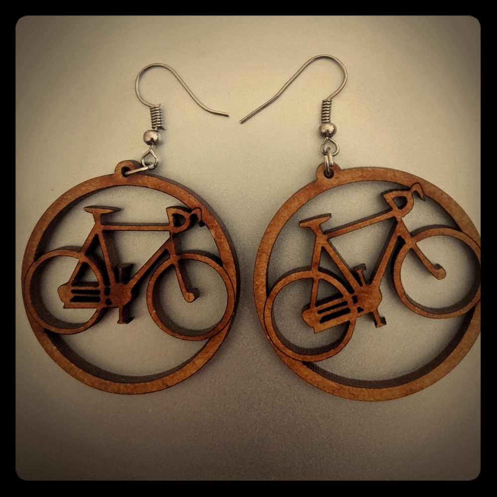 Natural wood bicycle earrings